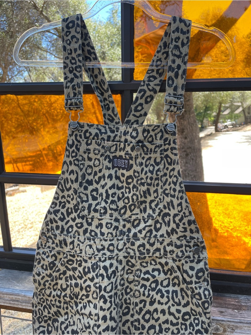 Obey UNISEX Leopard-Print Overalls in Tan and Black - Picture 2 of 10